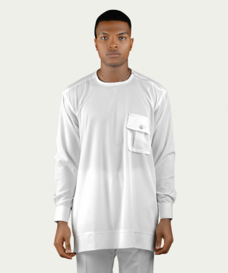 White One-breasted Pocket Long Sleeve Kaftan