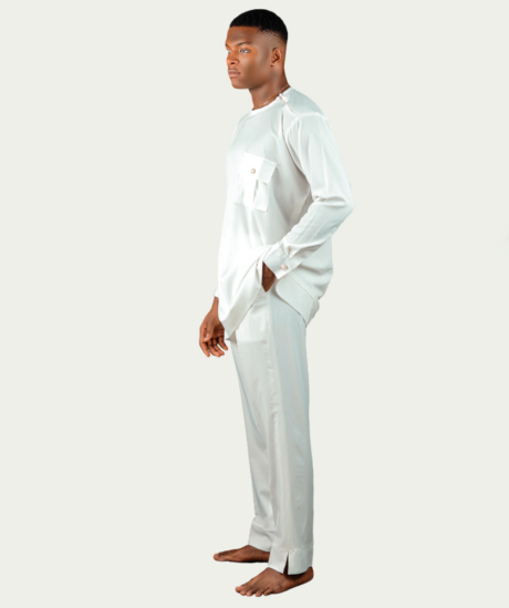 White One-breasted Pocket Long Sleeve Kaftan