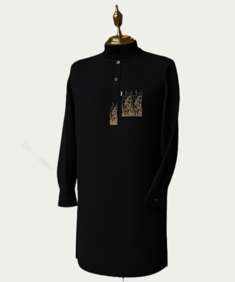 Black Kaftan with Embroidered Flap and Chest Pocket - ikrest