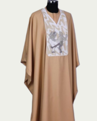 Elegant Beige Agbada with White and Grey Embroidered Detailing
