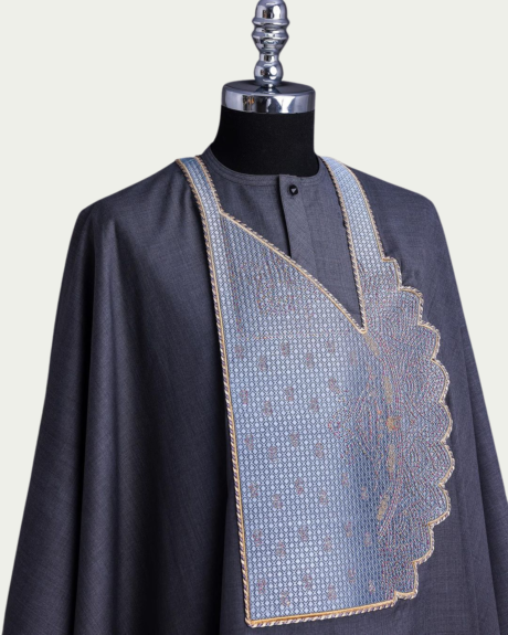 Grey Elegant Traditional Embroidered Agbada ikrest