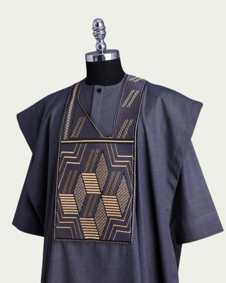 Grey Slanted Square Monogram Detailed Agbada - iKrest