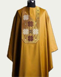 Mustard Yellow Cape with Intricate Brown and White Embroidery Agbada