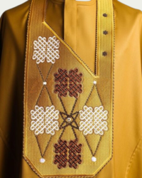 Mustard Yellow Cape with Intricate Brown and White Embroidery Agbada