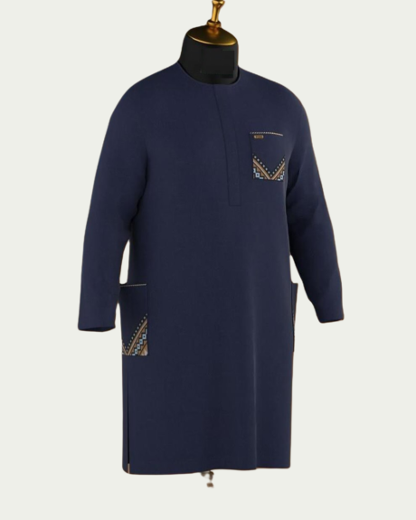 Navy-Blue Kaftan with Embroidered Pockets