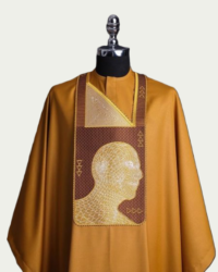 Rich Amber Agbada with Golden Silhouette Embroidery - ikrest