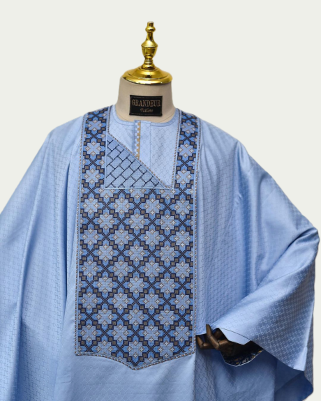 Sky-Blue Elegant Embroidered Traditional Agbada