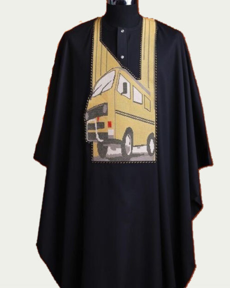 Vintage Bus Monogram Detailed Agbada. A Nostalgic Ride in Style